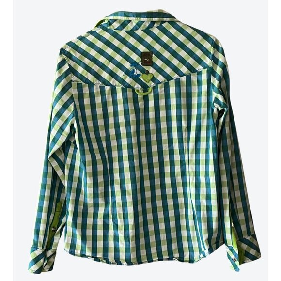 Spieth & Wensky Women's Size 42 Teal Lime Green White Plaid V-Neck Shirt - Picture 4 of 6